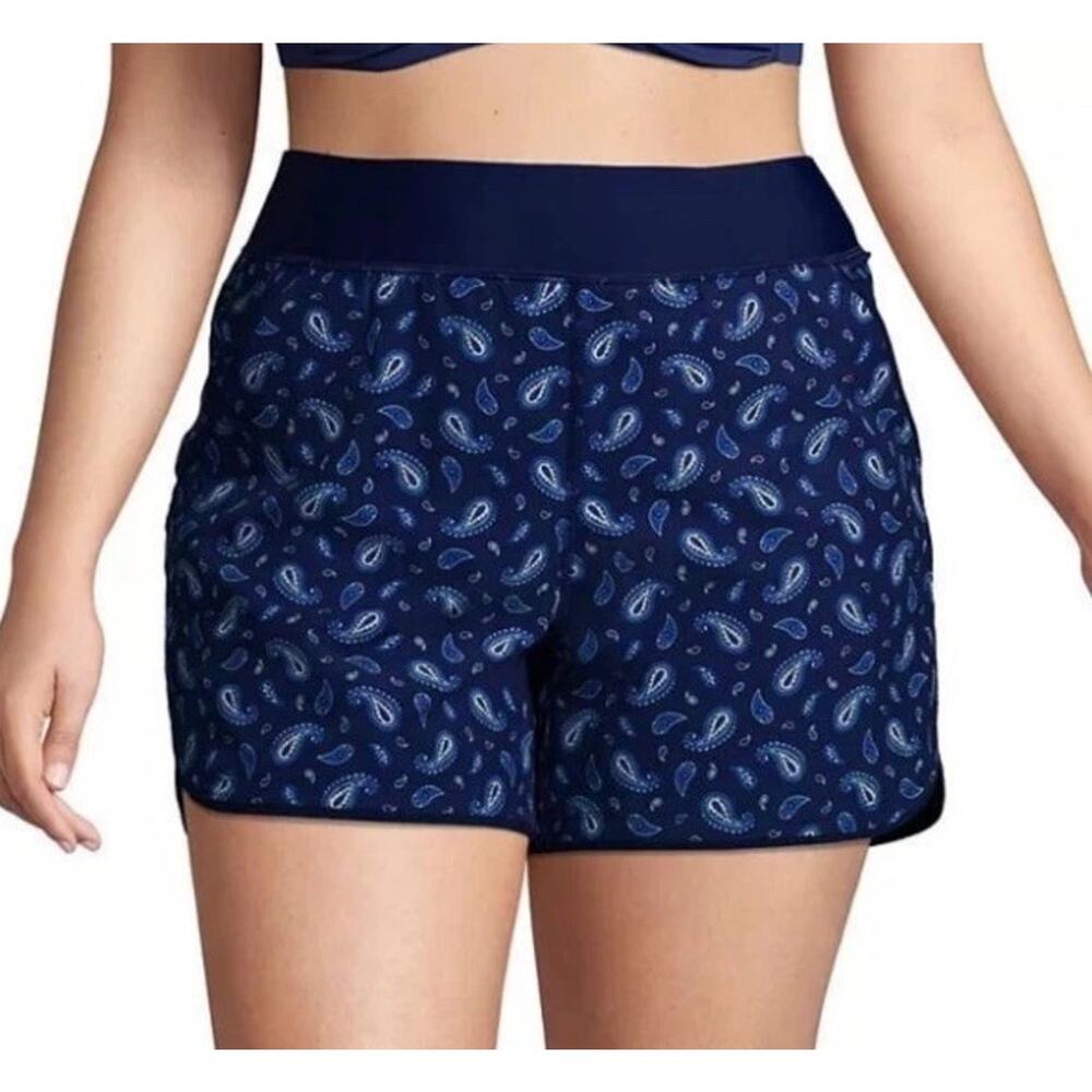 LANDS END Womens 10" Inseam BLUE PAISLEY QUICK DRY Long Swim Board Shorts Sz 12
